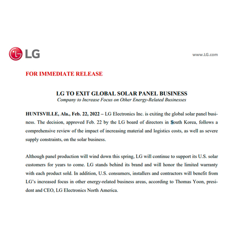 LG Electronics decides to exit solar panel business